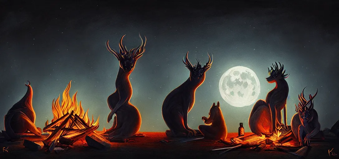 Image similar to strange mythical beasts of sitting around a fire under a full moon, surreal dark uncanny painting by ronny khalil