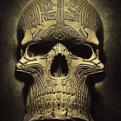 Prompt: a golden runic skull intricately decorated with ancient runic inscriptions and prophecies. dark ominous chiaroscuro baroque still life style. dramatic lighting, ultra detailed, unreal engine 5 by beksinski, billelis. ominous darkness background. weirdcore
