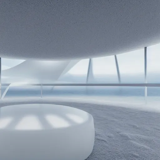 Prompt: white zen clean modern minimalist white room with large circular window with ocean view, frozen and covered in ice, by peter tarka in an ivory room well contoured smooth fair walls, up close shot, sharp focus, zen, clean, modern minimalist, zaha hadid octane highly render, 4 k, ultra hd,