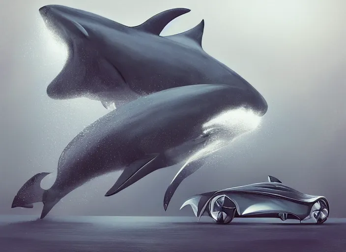 Prompt: beautiful concept design of a car that looks almost like a fish, a shark or a whale. car design by cory loftis, fenghua zhong, ryohei hase, ismail inceoglu, ruan jia, henrik fisker, bruce kaiser, scott robertson, dmitry mazurkevich, doruk erdem, and jon sibal. volumetric light