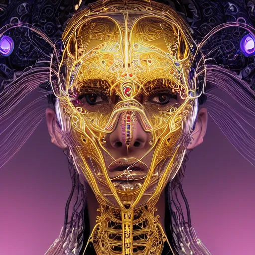 Prompt: very beautiful woman integrating with technology, full face frontal centered, portrait, insipiring, detailed intricate ornate neon pulsating cables connected to head, hollow eyes, luxurious detailed abundent wiring and implants, gold, renaissance, sci - fi, detailed technology background with cyber flowers and insects, dramatic lighting, photography, highly detailed, artstation, 8 k,