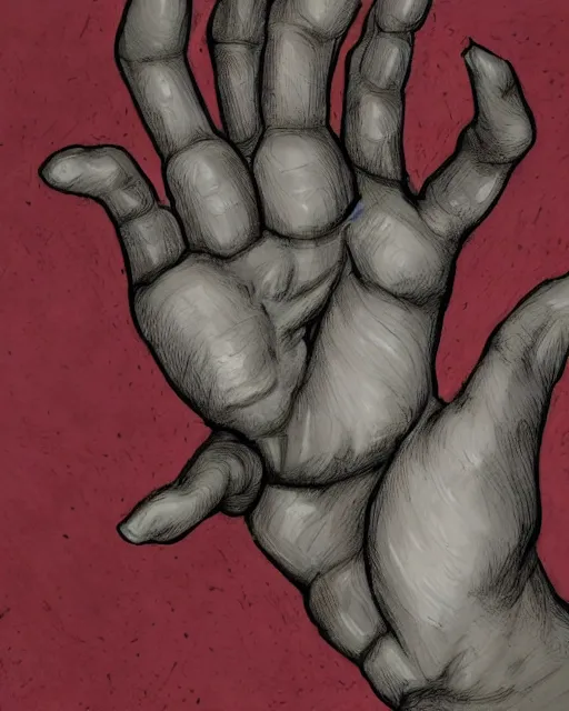Image similar to closeup of a man's outstretched hand with a creepy human face and mouth in it's palm, vampire hunter d, countenanced carbuncle and d's left hand, trending on art - station