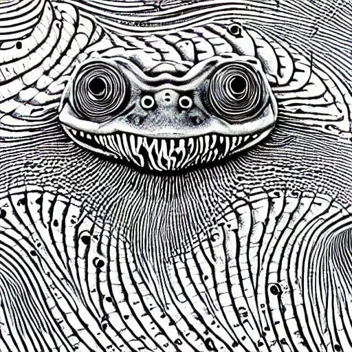 Image similar to closeup of an adorable, eldritch frog abomination of unimaginable horror by h. r. giger and junji ito, speculative evolution, psychedelic illustration, op art with big bold patterns