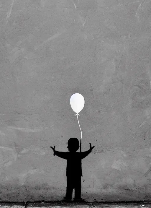Image similar to A black and white graffiti of boy holding a single dark blue balloon on a concrete background in the style of Banksy, graffiti, digital art