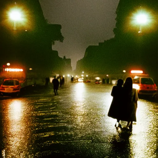 Image similar to street of paris photography, night, rain, mist, lovers holding hands, cinestill 8 0 0 t, in the style of william eggleston