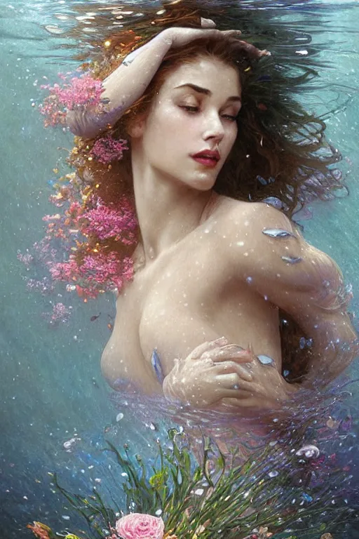 Prompt: portrait of a beautiful mysterious woman swimming underwater, holding a bouquet of flowing flowers, drenched clothing, long hair flowing in water, hands hidden under the bouquet, swimming upwards, fantasy, regal, intricate, by stanley artgerm lau, greg rutkowski, thomas kinkade, alphonse mucha, loish, norman rockwell