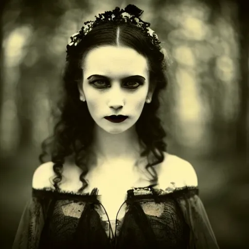 Image similar to A beautiful portrait of a lady vampire, victorian, '20, ominous, depth of field, bokeh, irwin penn, soft light, cinematic