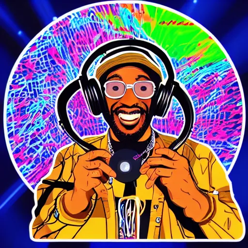 Image similar to svg sticker of a Dancing-Ben-Harper-Snoop-Spike-Lee-with-a-large-Afro-Puff, at a rave, spinning records, giant headphones rocking out, wearing headphones, huge speakers, dancing, rave, DJ, spinning records, digital art, amazing composition, rule-of-thirds, award-winning, trending on artstation, featured on deviantart