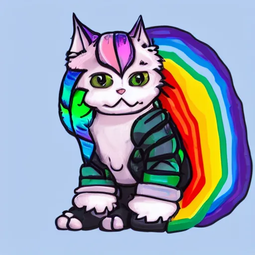 Image similar to wide angle full body, of a fluffy cute rainbow kitten wearing a black motorcycle jacket, concept art