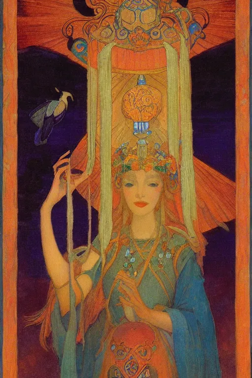 Image similar to queen of the dawn with her lantern and birds, by Nicholas Roerich and jean delville and Annie Swynnerton, elaborate headdress and embroidered velvet, iridescent beetles, rich color, dramatic cinematic lighting, extremely detailed