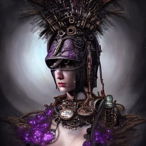 Image similar to rudolf freund dan mumford tom bagshaw, alien world, photorealistic soft paint of a single very beautiful asian warrior full long steampunk armored, ultra deep fog, purple black lustrous thin haircut, partial symmetry accurate features, focus, very intricate ultrafine details, award winning masterpiece, steampunk world