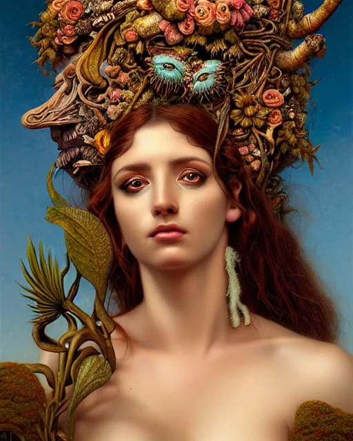 Image similar to portrait of the goddess of decay, unusual beauty, flowers and plants, emotionally evoking symbolic metaphors, head in focus, fantasy, ornamental, intricate, elegant, sensual, highly detailed digital painting, artstation, concept art, painterly, golden ratio, sharp focus, illustration, art by John William Godward and Boris Vallejo and Zdzisław Beksiński,