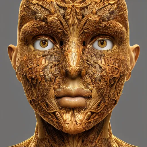 Prompt: beatifull frontal face portrait of a woman, 150 mm, anatomical, flesh, flowers, mandelbrot fractal, facial muscles, veins, arteries, symmetric, intricate, golden ratio, full frame, microscopic, elegant, highly detailed, ornate, ornament, sculpture, elegant , luxury, beautifully lit, ray trace, octane render in the style of Trevor brown , robert Mapplethorpe and Cindy sherman