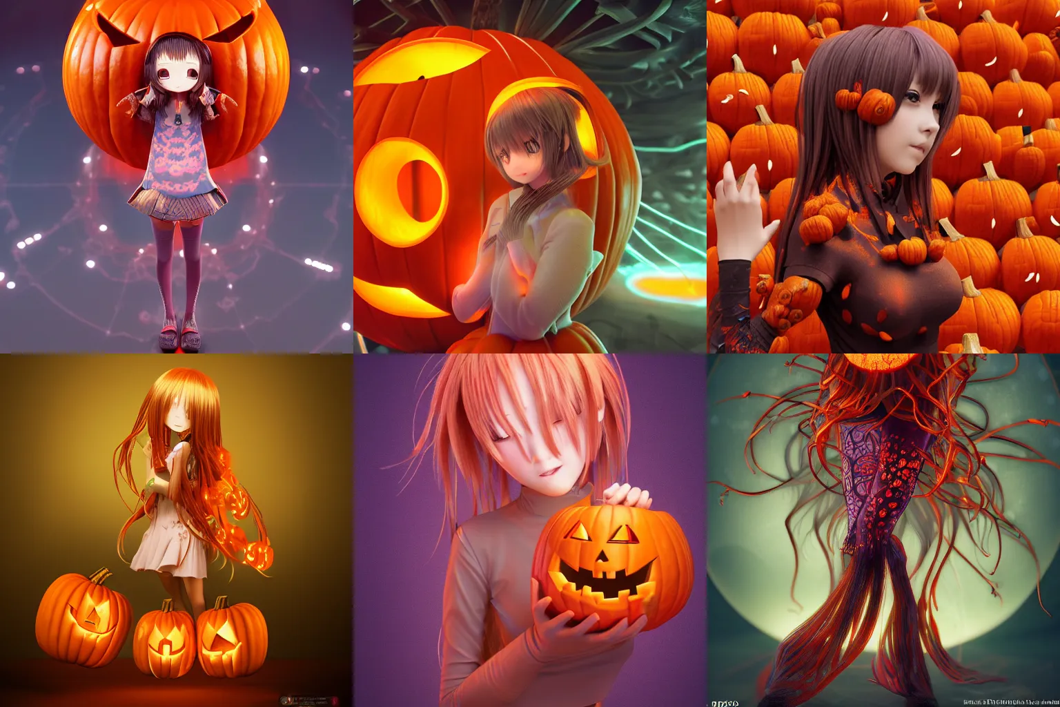 Image similar to intricate anime girl wearing a pumpkin artwork jellyfish bio-mechanical bio-luminescence, octane render, trending on artstation, hyper realism, 8k, fractals, patterns