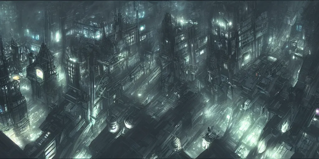 Image similar to concept art of city of midgar from final fantasy 7, dark atmosphere, drone photography