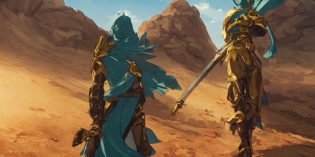 Image similar to blue knight holding a gold sword, green hatchback car screen left, low wide angle, anime, desert landscape, greg rutkowski, Murata, one punch man manga, cinematic, digital art, hyper realistic