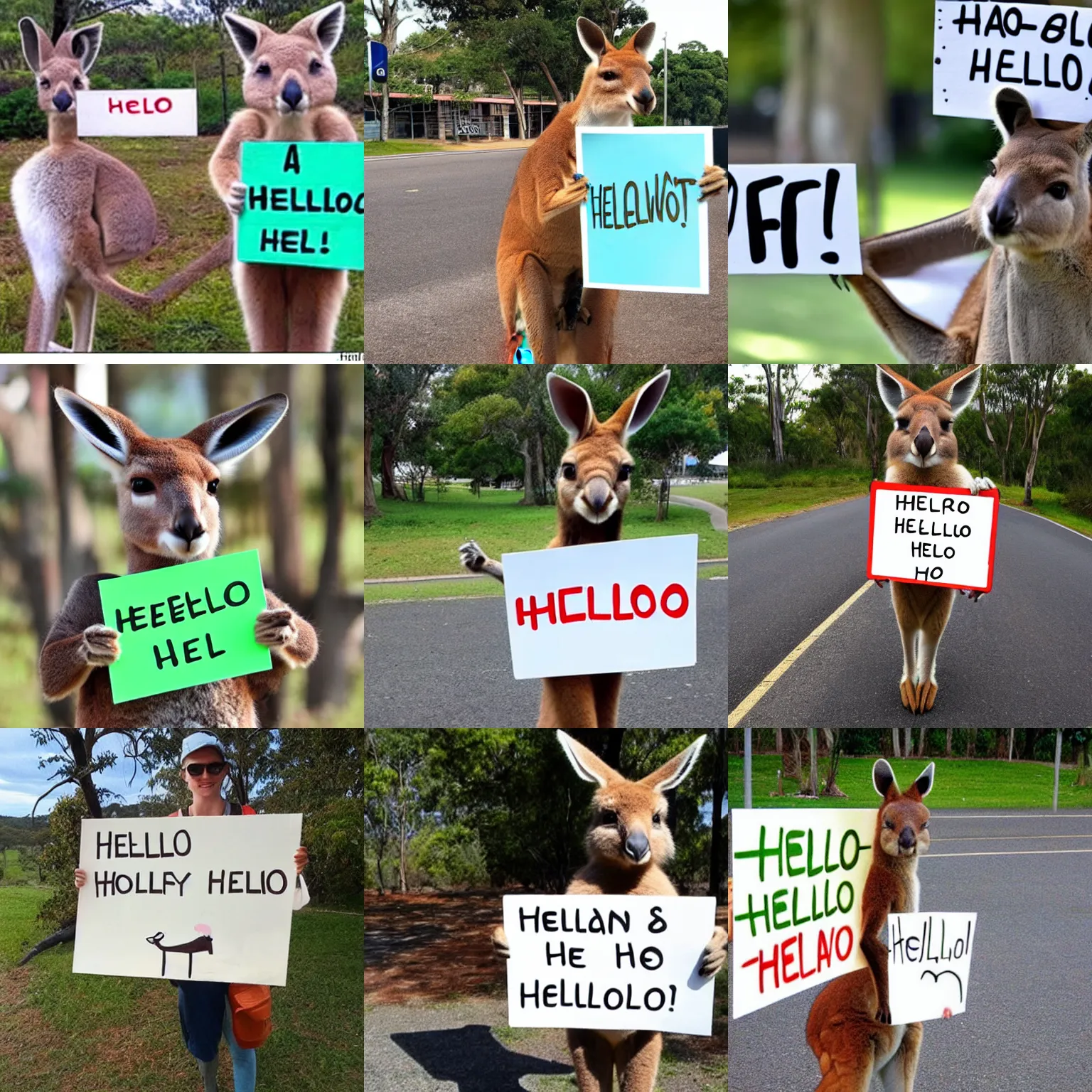 Prompt: <photo readable coherent perfect-writing>A kangaroo holding a sign that says Hello</photo>