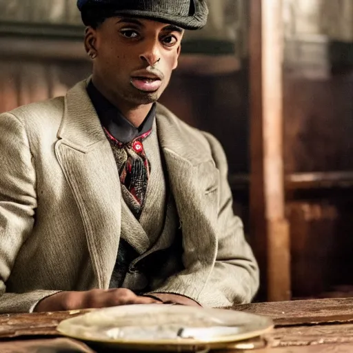 Image similar to playboi carti in peaky blinders 4 k the detailed super realistic