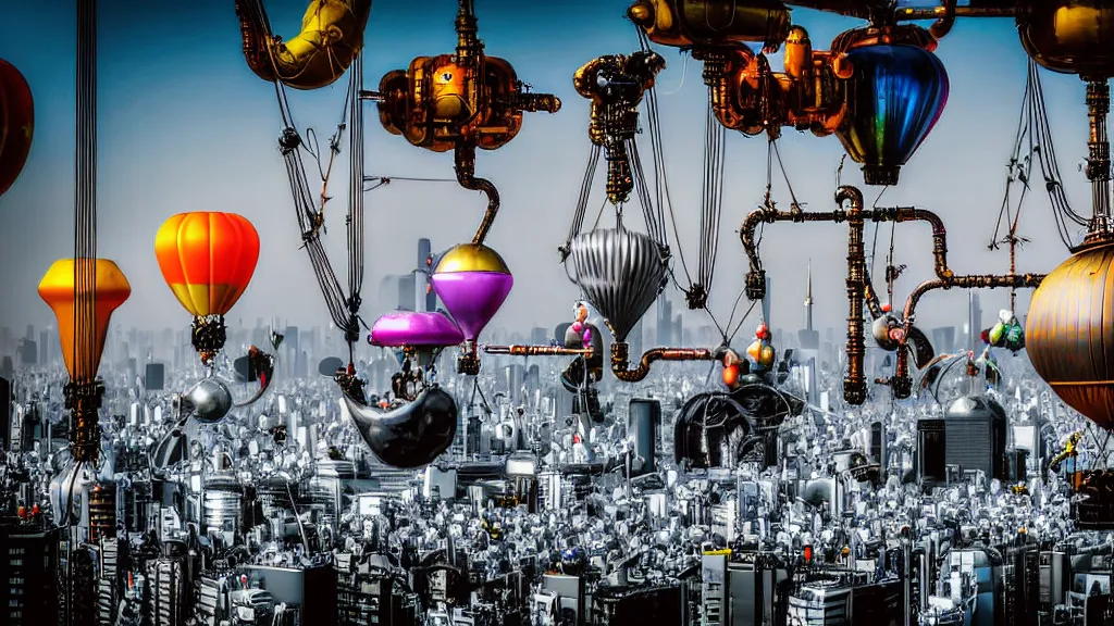 Image similar to large colorful futuristic space age metallic steampunk steam - powered balloons with pipework and electrical wiring around the outside, and people on rope swings underneath, flying high over the beautiful tokyo city landscape, professional photography, 8 0 mm telephoto lens, realistic, detailed, photorealistic, photojournalism