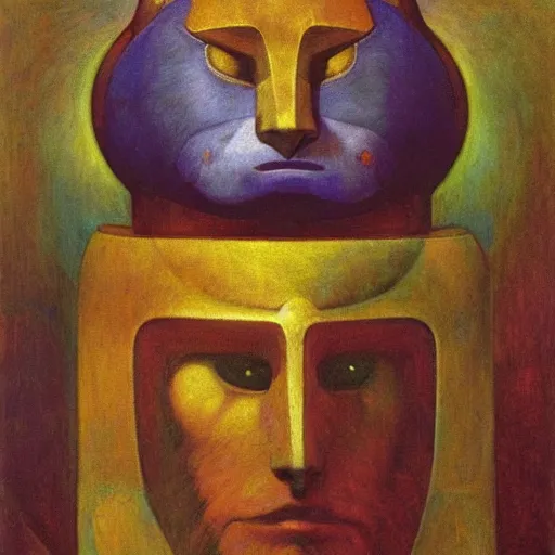 Image similar to masterpiece painting of a robot cat head, by annie swynnerton and diego rivera and nicholas roerich and jean delville, symbolist, dramatic lighting, god rays, elaborate geometric ornament, art brut, rich colors, smooth, sharp focus, extremely detailed, adolf wolfli and ( donato giancola )