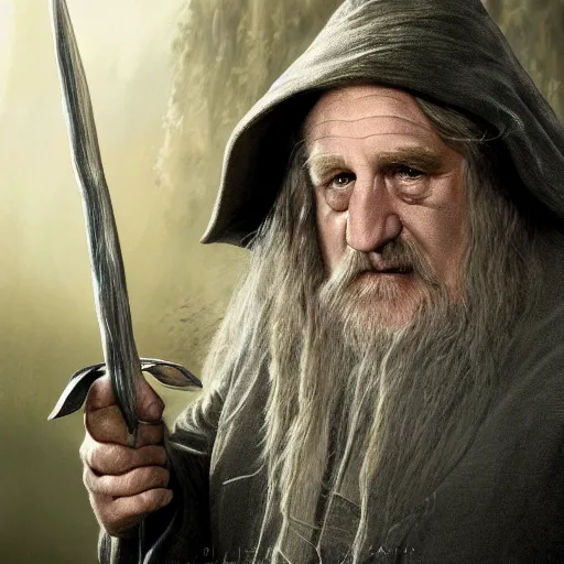 Image similar to Movie still of Gérard Depardieu as Gandalf in the Lord of the Rings in the Shire, fantasy, highly detailed, digital painting, artstation, concept art, sharp focus, illustration, art by Tony Sart and artgerm and randy vargas