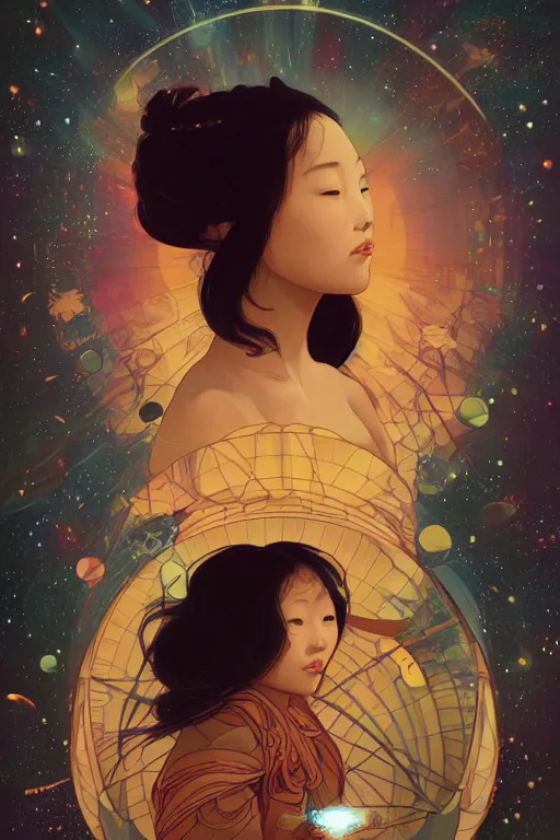 Image similar to edge of the universe, asian girl, space, stars, starship, digital art, smooth defined outlines, vector background, by brom, trending on artstation, alphonse mucha, tom bagshaw, sargent