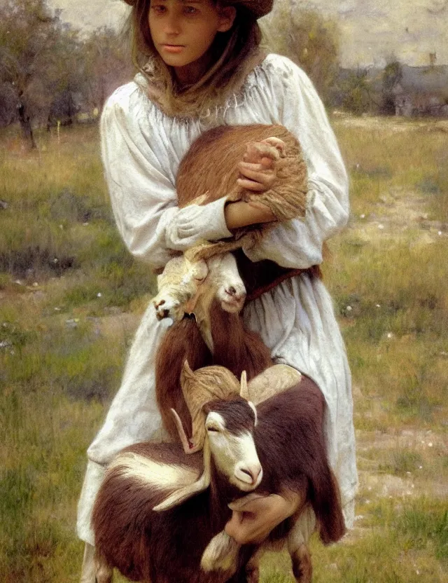 Image similar to portrait of peasant girl holding goat in her hands, cottage core, cinematic focus, polaroid photo bleached vintage pastel colors high - key lighting, soft lights, foggy, by steve hanks, by lisa yuskavage, by serov valentin, by tarkovsky, 8 k render, detailed, oil on canvas