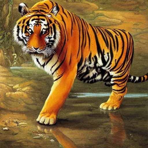 Prompt: tiger, painting on canvas, orientalist, romanticism