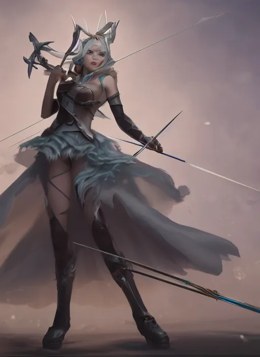 Image similar to ashe, from league of legends, shooting arrows with a silver bow, wearing fluffy skin, long skirt, hyper detailed, digital art, trending in artstation, cinematic lighting, studio quality, zoom in, smooth render, unreal engine 5 rendered, octane rendered, art style by klimt and nixeu and ian sprigger and wlop and krenz cushart