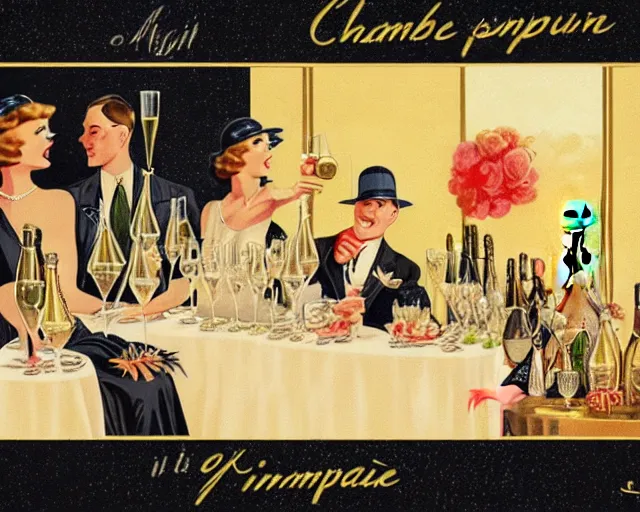 Image similar to 1 9 3 0 s champagne commercial, realistic, artstation, illustration, bright, cheerful, detailed and intricate environment