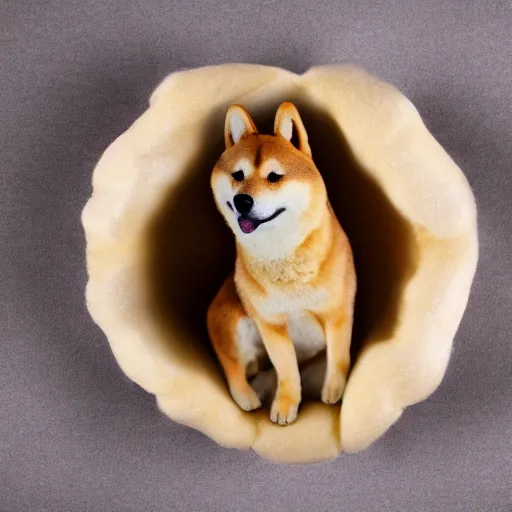 Prompt: a delicious steamed bun in the shape of a shiba inu. studio lighting, high resolution, high quality, dark background