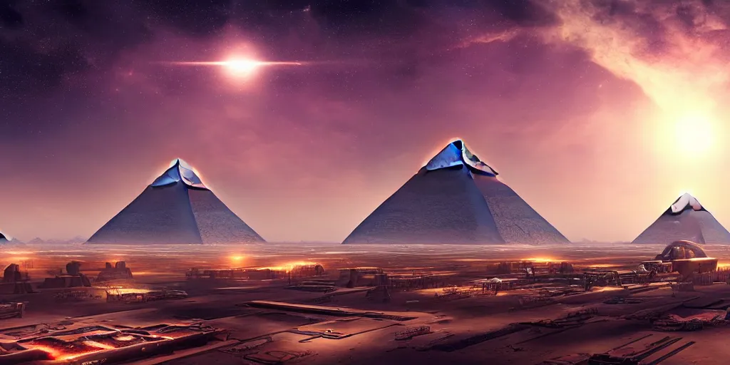 Image similar to a beautiful view of a spaceport at the pyramids, matte painting, cinematic lighting, hyper - detailed, 4 k, scifi