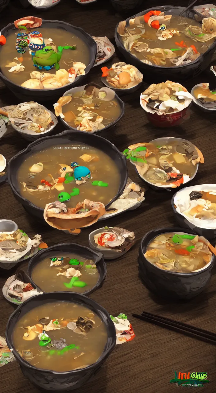 Image similar to little ninja turtles in soup in a chinese restaurant, a chinese man eats this soup, super realistic, super detailed, high octane, photorealistic, rendering 8 k, 8 k octane, unreal engine