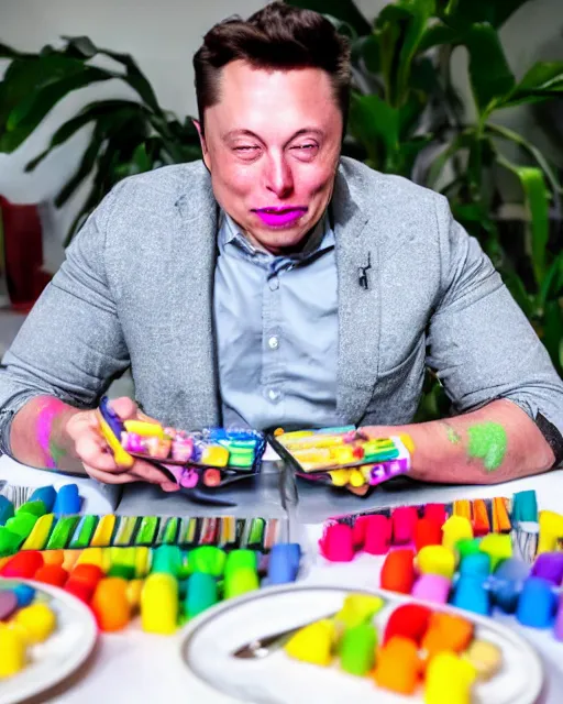 Image similar to a man eating crayons with a fork, box of wax pastels, elon musk, 4 k, high quality, crayons served on a plate