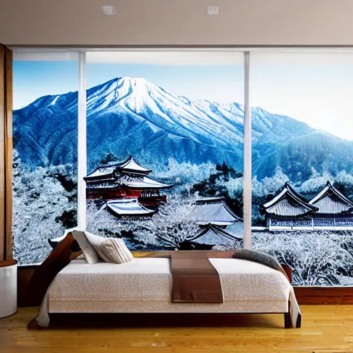 Image similar to photo realistic landscape of a Japanese village in the mountains, snow peaks. Dragon flying by