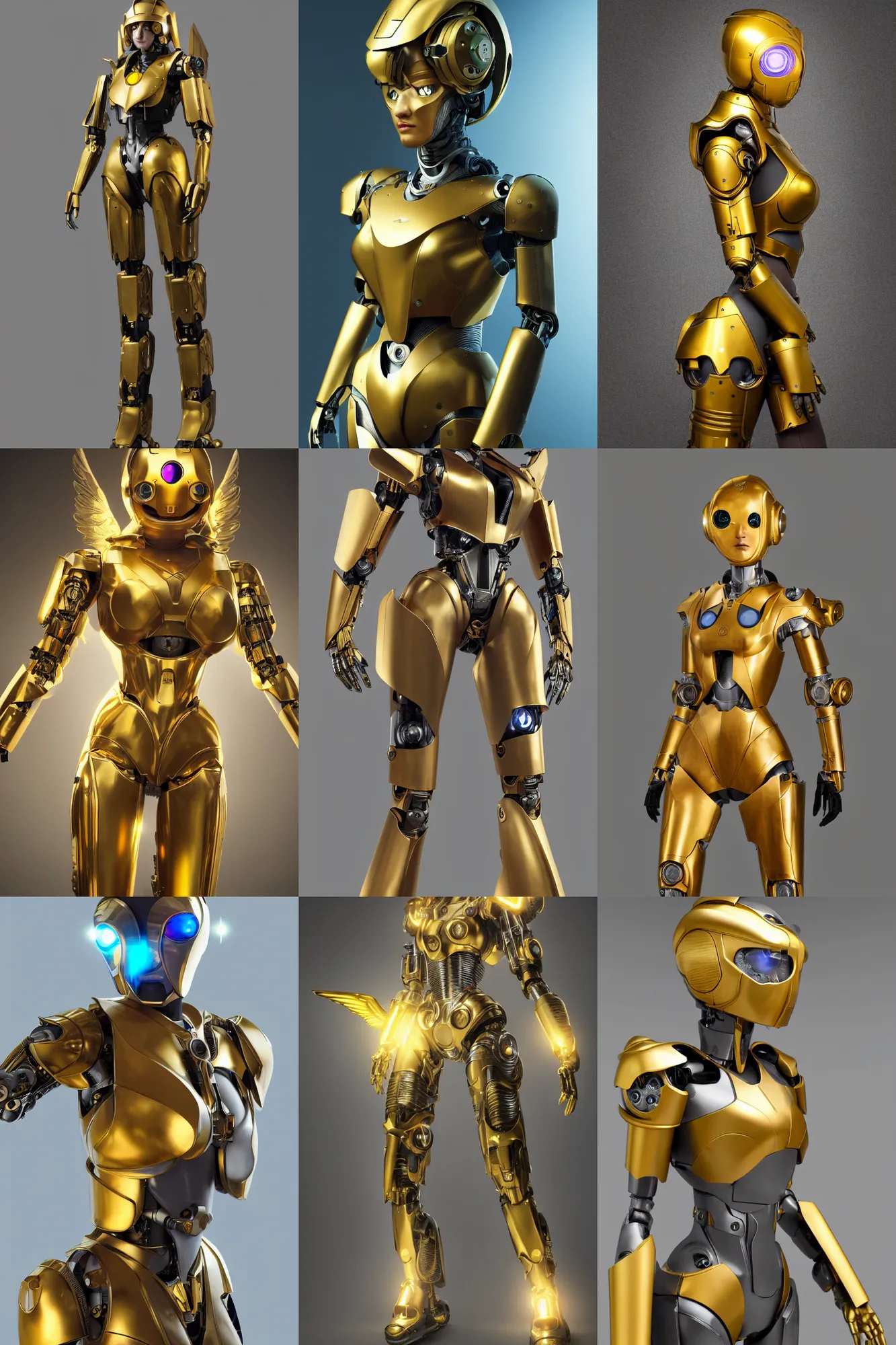 Prompt: maria of metropolis, humanoid robot, golden full body armor, fully deployed wings, beautiful helmet in the shape of a face, cyborg eyes glowing yellow, scifi, futuristic, raytracing, glowwave, sharp focus, cinematic lighting, artstation, divine, unreal engine 5 rendered, by fritz lang, art style by pixar warner bros dreamworks disney riot games and overwatch