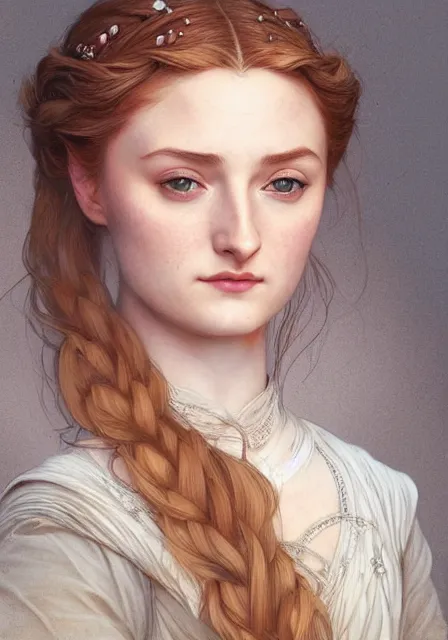 Image similar to little pretty girl sansa stark, intricate, elegant, highly detailed, digital painting, artstation, concept art, smooth, sharp focus, illustration, art by artgerm and greg rutkowski and alphonse mucha and william - adolphe bouguereau