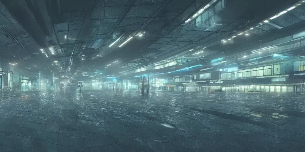 Image similar to equirectangular projection grid of a futuristic bladerunner cyberpunk trainstation in the rain at night, volumetric lighting 4K Spherical Panorama RealityEngine PhotoRender hyperdetailed cinematic