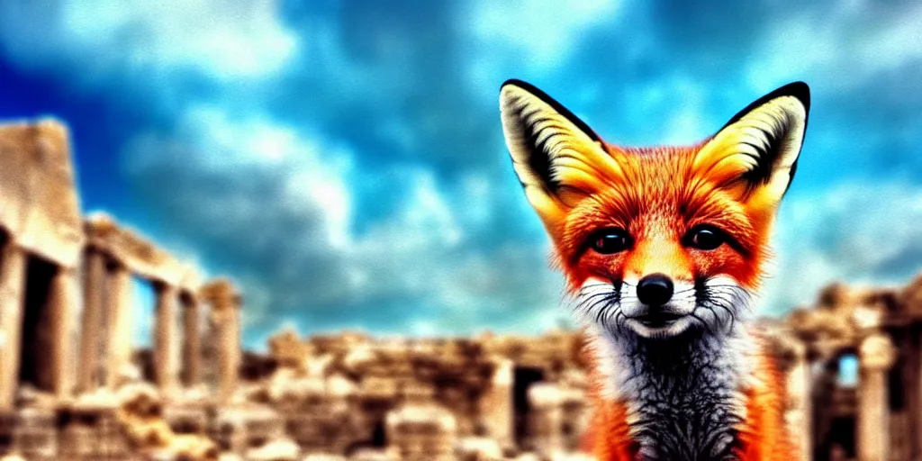 Image similar to A beautiful small fox in the huge ruins of the second temple in Jerusalem :: Dreamy sky :: The third temple hovers quietly in the sky above :: Very colorful painting 8k trending on art station :: Intricate details, very realistic, cinematic lighting, volumetric lighting, photographic blur bokeh defocus dof sky.