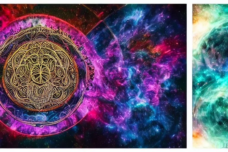 Image similar to a intricate mandala of peace signs with deep and intricate rune carvings and twisting lovecraftian tentacles emerging from a space nebula by dan mumford, twirling smoke trails, a twisting vortex of dying galaxies, collapsing stars, digital art, photorealistic, vivid colors, highly detailed, intricate