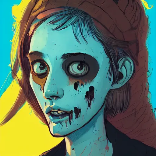 Image similar to Highly detailed portrait of a punk zombie young lady by Atey Ghailan, by Loish, by Bryan Lee O'Malley, by Cliff Chiang, inspired by image comics, inspired by graphic novel cover art !!!Yellow, brown, black and cyan color scheme ((dark blue moody background))