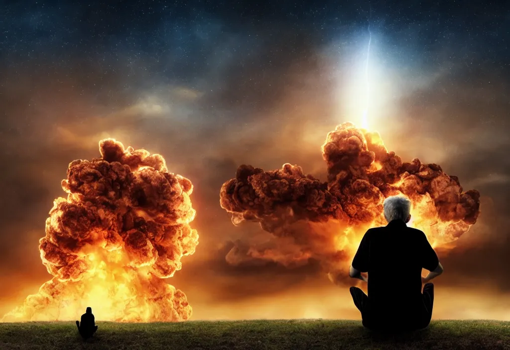 Prompt: cinematic movie close up shot from behind, background blur bokeh, old man sitting with black cat watching nuke explosion close up shot from behind, world ending nuke, 4 k