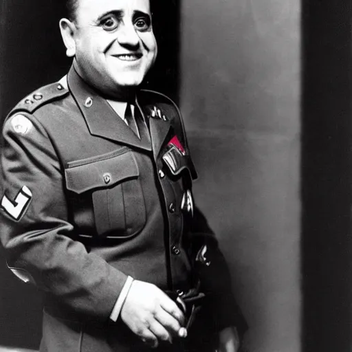 Image similar to 1942 portrait photograph, Danny DeVito in a Nazi officer's uniform