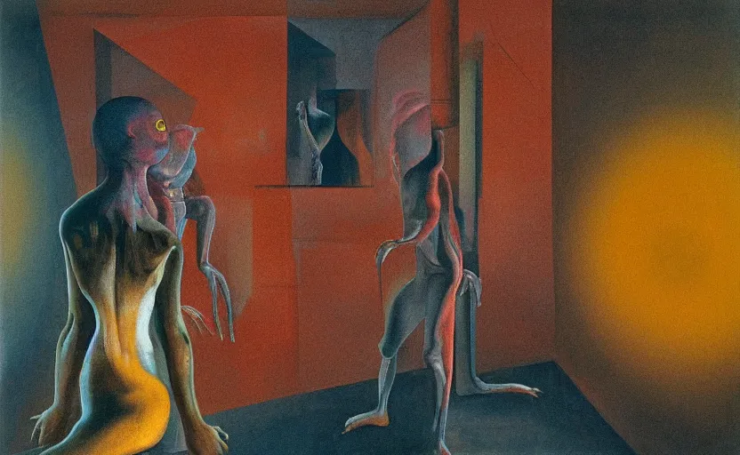 Prompt: an empty room, with a girl standing in the center and holding her brain, constructivist style, blurred, grotesque, doomed, neural acrylic paint, high resolution, gouache on canvas, ultra detailed, vibrant colors, grotesque, wrapped thermal background, slimey, art by francis bacon, beksinski painting