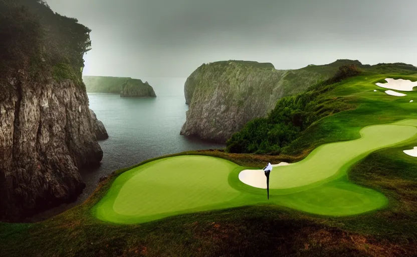 Prompt: a great photograph of the most amazing golf hole in the world, rainy day during lightning storm, cliffs by the sea, perfect green fairway, human perspective, ambient light, 5 0 mm, golf digest, top 1 0 0, fog