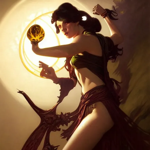 Image similar to female Planeswalker Magic the Gathering, dark fantasy, medium shot, intricate, elegant, highly detailed, digital painting, volumetric light, artstation, concept art, smooth, sharp focus, illustration, art by Gil Elvgren and Greg Rutkowski and Alphonse Mucha