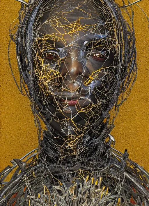 Image similar to portrait of a futuristic african voodoo wizard cyborg, made from million point clouds, in the style of ghost in the shell, kintsugi, modern fine art, fractal, intricate, elegant, highly detailed, digital photography, subsurface scattering, by jheronimus bosch and greg rutkowski,