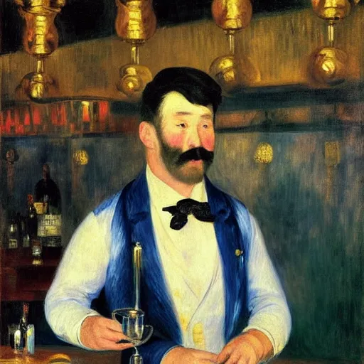 Prompt: portrait of a male bartender, chinese, muscular, brushed - back hair, half - robot, navy zhongshan suit, light blue ascot, monocle, in a bar lit by gold and silver neon lights, manet, renoir, impressionist