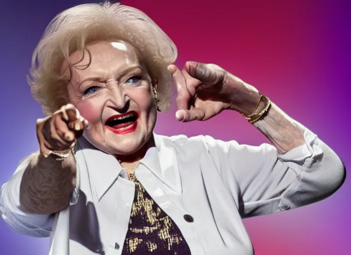 Image similar to publicity photo still of betty white as a gangsta rapper live on stage, 8 k, live concert lighting, mid shot