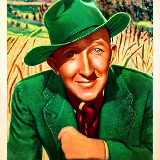 Prompt: vintage art of Bing Crosby in a field of giant asparagus